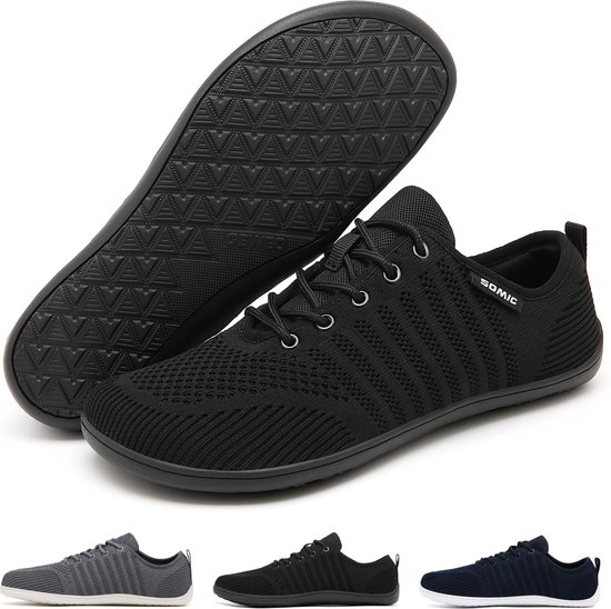 Somic Barefoot Schoenen - Sportschoenen Sneakers - Fitnessschoenen - Hardloopschoenen - Ademend Knit Textiel - Platte Zool - Zwart - Maat 43