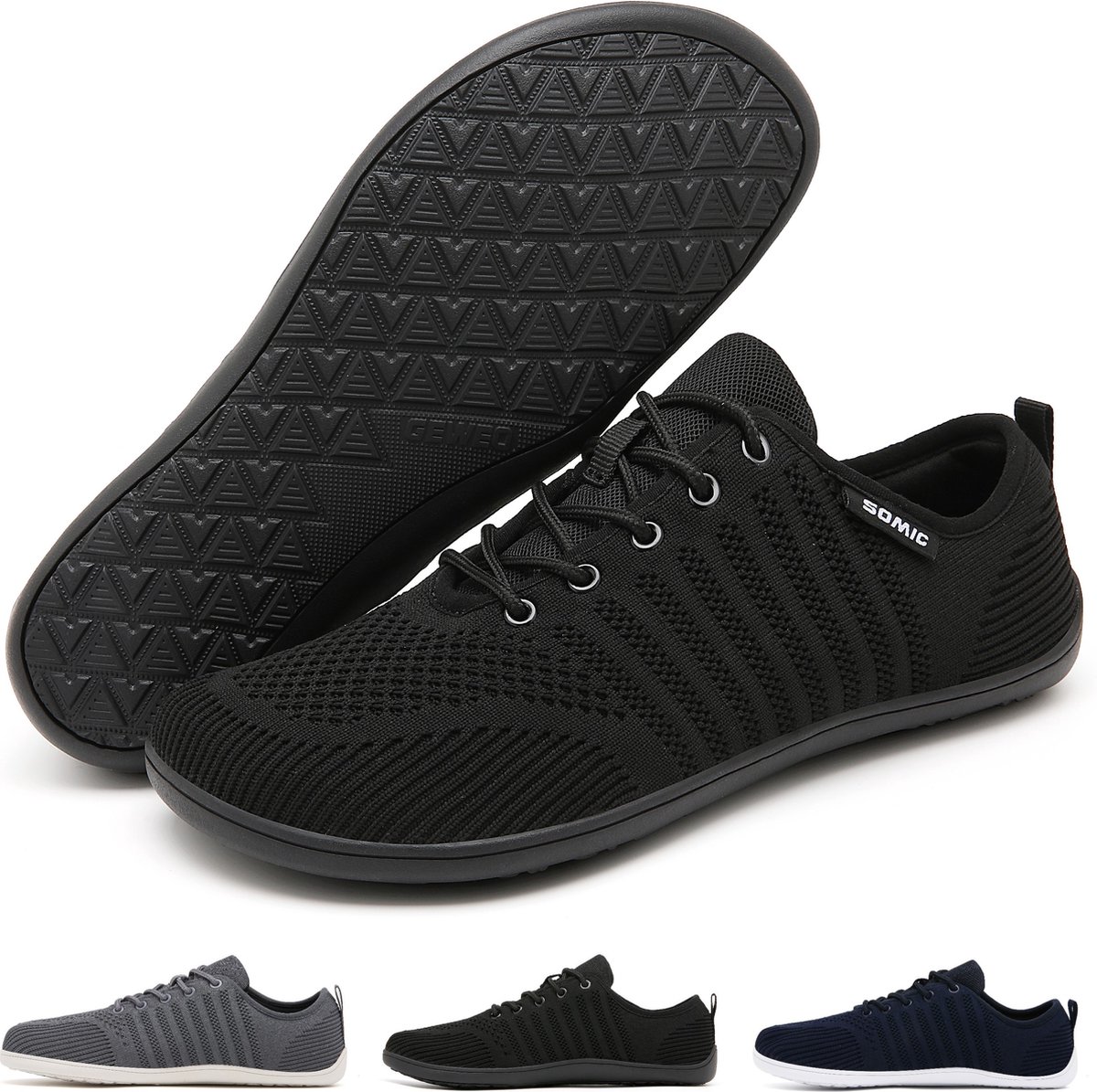 Somic Barefoot Schoenen - Sportschoenen Sneakers - Fitnessschoenen - Hardloopschoenen - Ademend Knit Textiel - Platte Zool - Zwart - Maat 44
