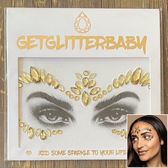 Een vel met gouden gezichtsjuwelen in een kroonvorm, met de tekst "GETGLITTERBABY", naast een ingevoegde afbeelding van een vrouw die ze draagt.