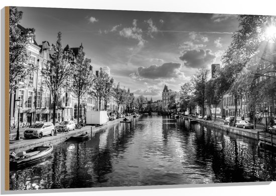 Hout - Uitzicht over de Grachten van Amsterdam (Zwart-wit) - 120x80 cm - 9 mm dik - Foto op Hout (Met Ophangsysteem)