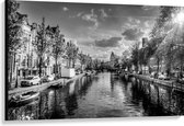 Canvas - Uitzicht over de Grachten van Amsterdam (Zwart-wit) - 120x80 cm Foto op Canvas Schilderij (Wanddecoratie op Canvas)