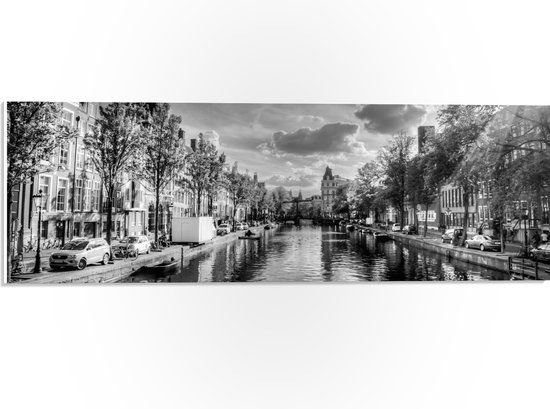PVC Schuimplaat- Uitzicht over de Grachten van Amsterdam (Zwart-wit) - 60x20 cm Foto op PVC Schuimplaat