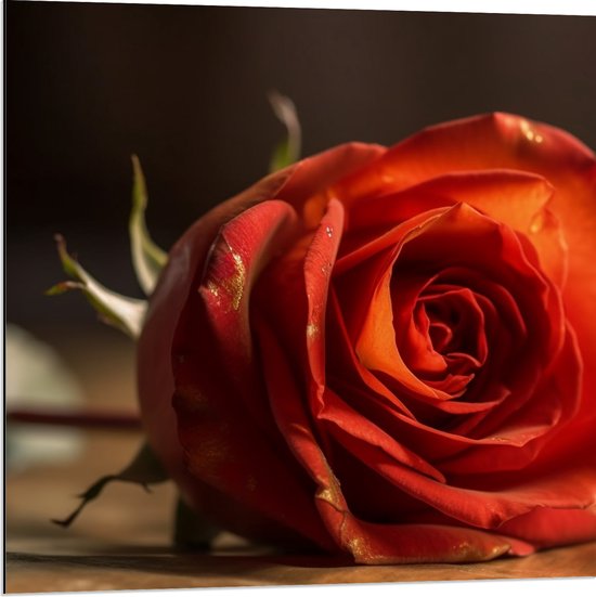 Dibond - Mooi Rode Roos Liggend op Tafel met Donkere Achtergrond - Bloemen - 80x80 cm Foto op Aluminium (Met Ophangsysteem)