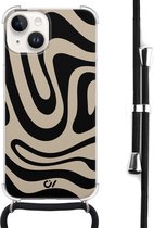 Casevibes - Telefoonhoesje met koord - Geschikt voor Apple iPhone 14 - Abstract Black Waves - Zwart - Geometrisch patroon