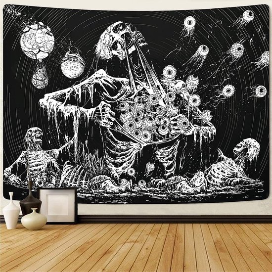 Schedel wandtapijt ogen wanddoek menselijk skelet wandtapijt, zwart-wit wandtapijten esthetisch, hippie gothic tapijt voor slaapkamer, huisdecoratie wanddoeken 210 x 150 cm
