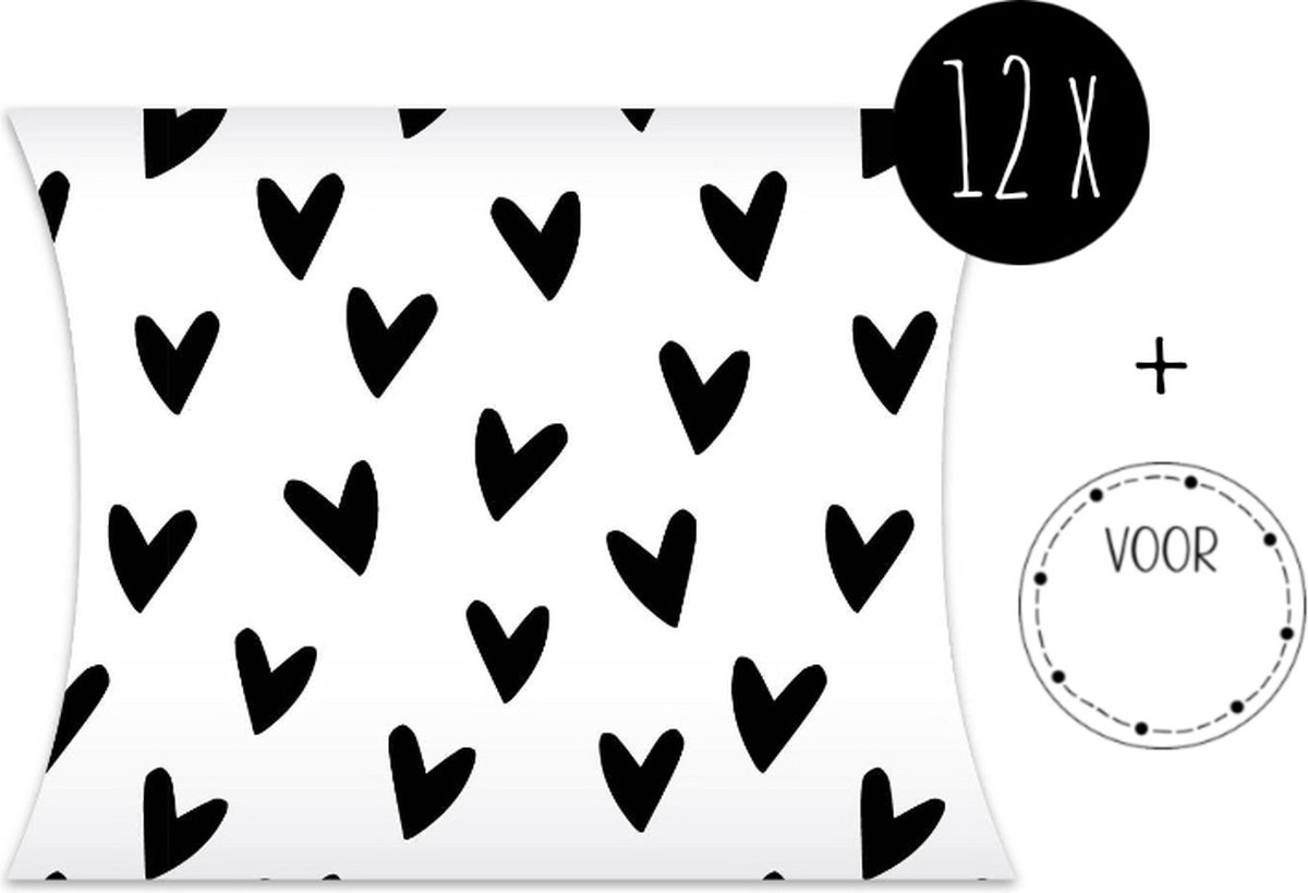 12x Traktatie doosjes / Uitdeeldoosjes / Cadeaudoosjes | Black Hearts | 12 x 11 cm | incl. stickers