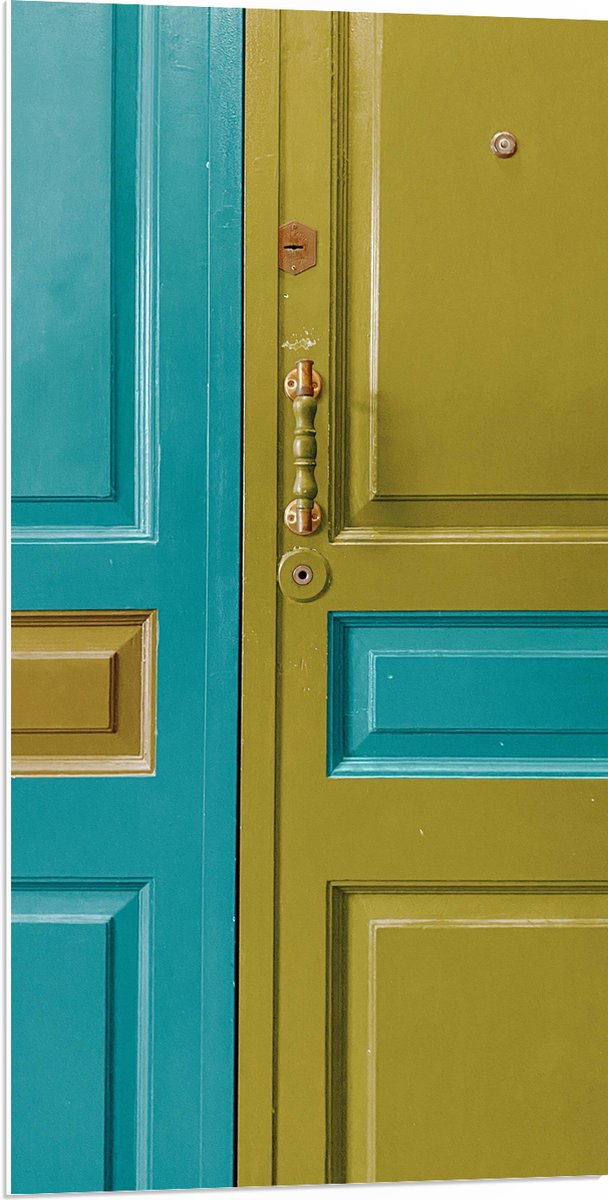 PVC Schuimplaat- Deur - Deurklink - Groen - Blauw - 50x100 cm Foto op PVC Schuimplaat