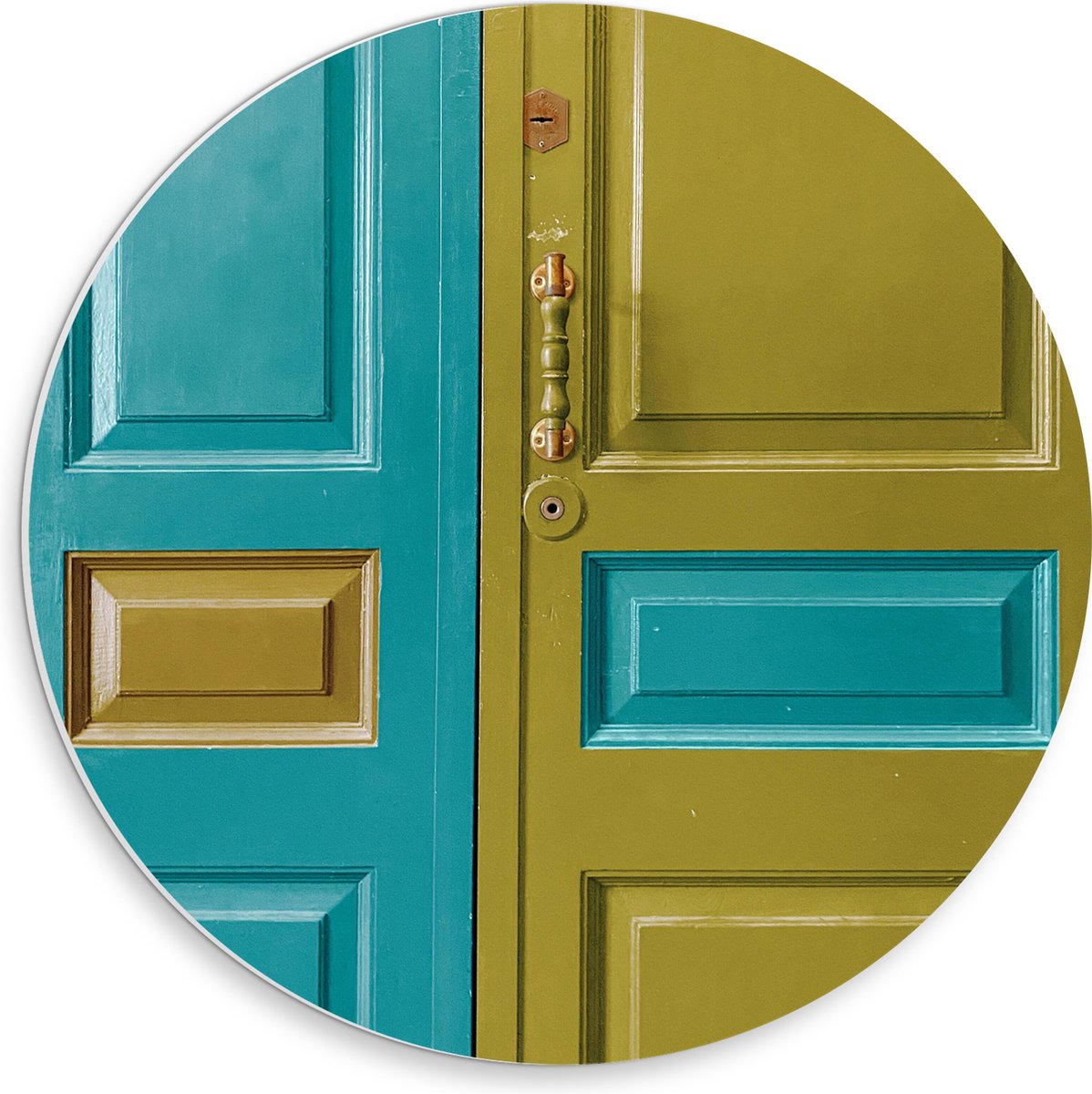 PVC Schuimplaat Muurcirkel - Deur - Deurklink - Groen - Blauw - 30x30 cm Foto op Muurcirke