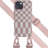 Selencia Hoesje Geschikt voor iPhone 15 Hoesje Met Koord - Selencia Siliconen design hoesje met afneembaar koord - Roze / Irregular Check Sand Pink