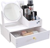 Cosmetic organizer, make-uptafelorganizer met spiegel, witte bureau-cosmetica-organizer, witte make-up-organizer met lade voor commode/slaapkamer/badkamer (ronde spiegel)