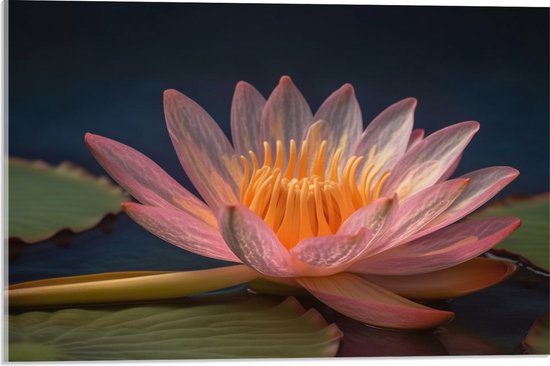 Acrylglas - Lotus Bloem Drijvend op Lelieblad en Water - 60x40 cm Foto op Acrylglas (Wanddecoratie op Acrylaat)