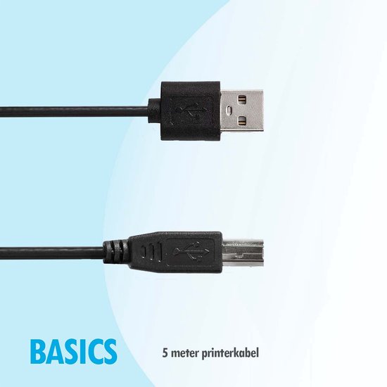 Basics Printerkabel 5 Meter USB A naar USB B - USB 2.0 Geschikt voor HP, Canon, Brother, Epson