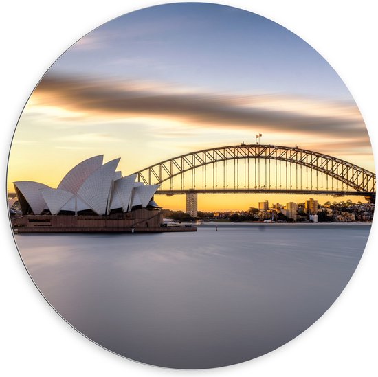 Dibond Muurcirkel - Zonsondergang achter de Brug in Sydney, Australië - 100x100 cm Foto op Aluminium Muurcirkel (met ophangsysteem)