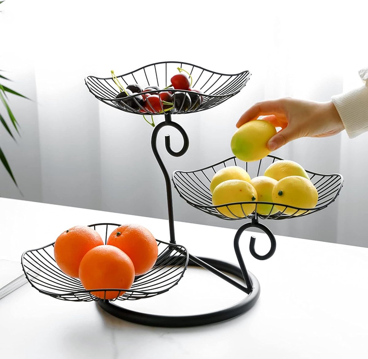 Fruitmand, etagère, 3 verdiepingen, decoratieve fruitschaal, fruitrek, groentesnackhouder voor keuken, spiraalvormig lotusbladdesign, afneembaar, 3 verdiepingen, decoratieve fruitschaal,