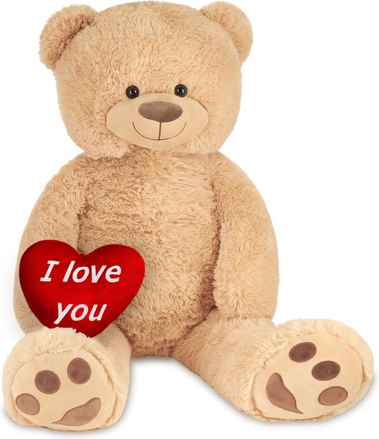 BRUBAKER - XXL Teddybeer 100 cm Beige met een I Love You Hart Knuffeldier Pluche Knuffel - Cadeau - Valentijn