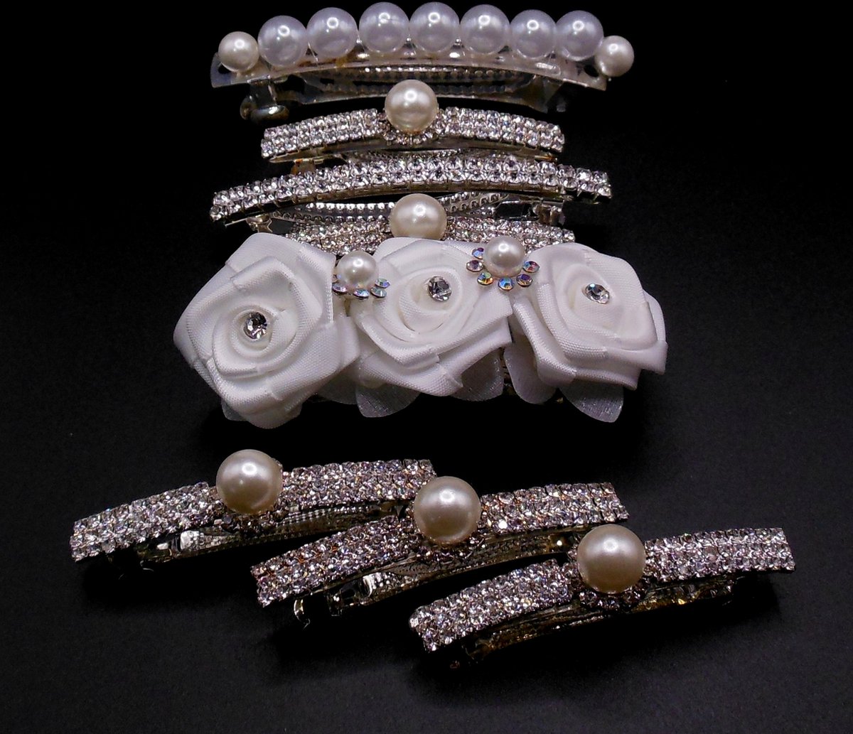 Patentspelden met parels-roosjes-strass set van 8 stuks.