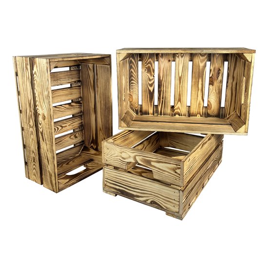 Houten kist. Gebrand (set van drie kisten) Van zeer stevige kwaliteit. - (geschikt voor binnenbak chafing dish - Gastronormbak GN 1/1 , ook de buitenbak/waterbak past in dit model kist )