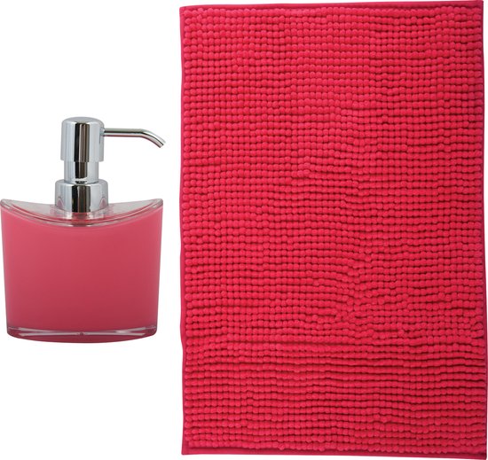MSV badkamer droogloop mat - Bolzano - 40 x 60 cm - met bijpassende kleur zeeppompje - rood