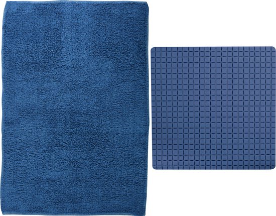MSV Douche anti-slip/droogloop matten - Napoli badkamer set - rubber/polyester - donkerblauw