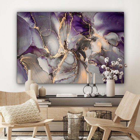 Toile Peinture Or - Violet - Marbre - 140x90 cm - Décoration murale