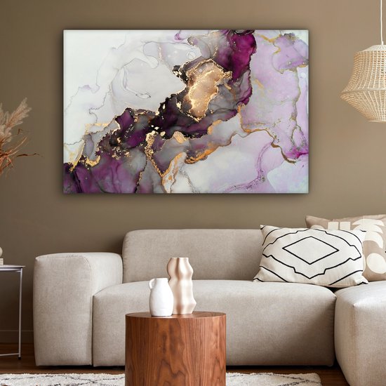 Toile Peinture Marbre - Abstrait - Or - Violet - 140x90 cm - Décoration murale