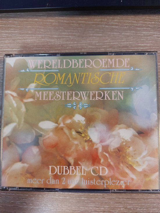 CD hoes met bloemen, tekst 'Wereldberoemde Romantische Meesterwerken DUBBEL CD meer dan 2 uur luisterplezier'.