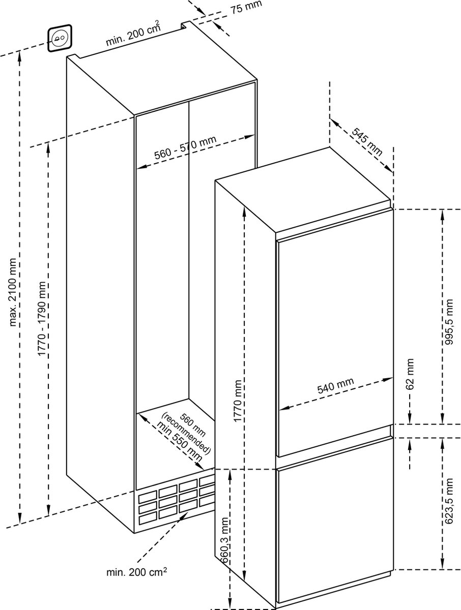 Inventum IKV1788S 178 cm energiezuinige No Frost inbouw koel-vriescombinatie - Koelkast met vriesvak - Stil - Superkoelen - Vershoudlade - 243 liter - Sleepdeur - Wit — afbeelding 4