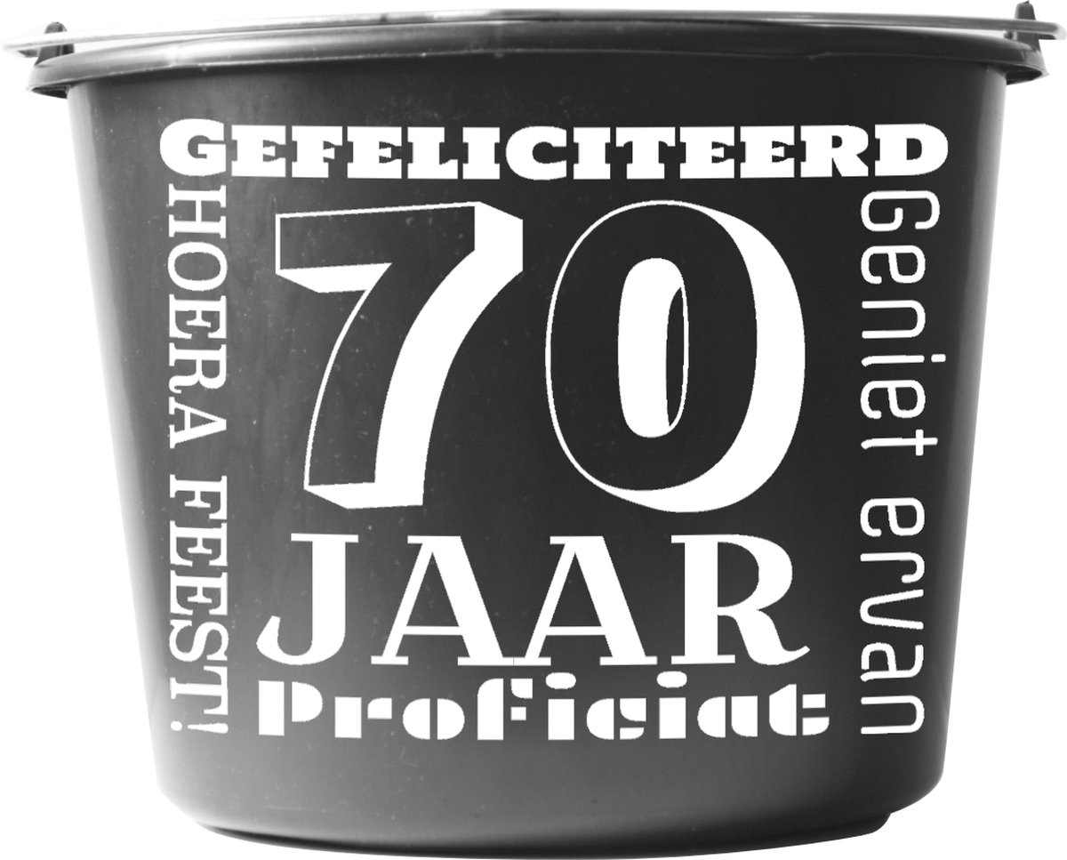 Goedkoopste Emmer – 12 liter – zwart – Cadeau – Verjaardag – met tekst Gefeliciteerd 70 jaar