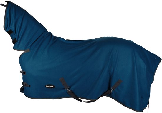 Petrolblauwe fleecedeken met hals van Budget Rider voor een paard. Met gespen en klittenbandsluitingen.
