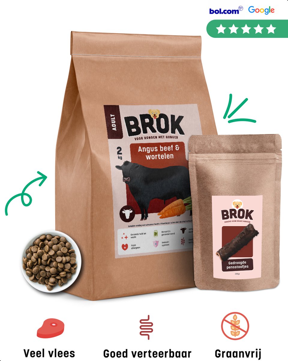 BROK Hondenbrokken Black Angus & Wortelen – Graanvrij en Gezond Hondenvoer – Proefpakket 2kg – Veel Vlees – Voor Kieskeurige Volwassen Honden