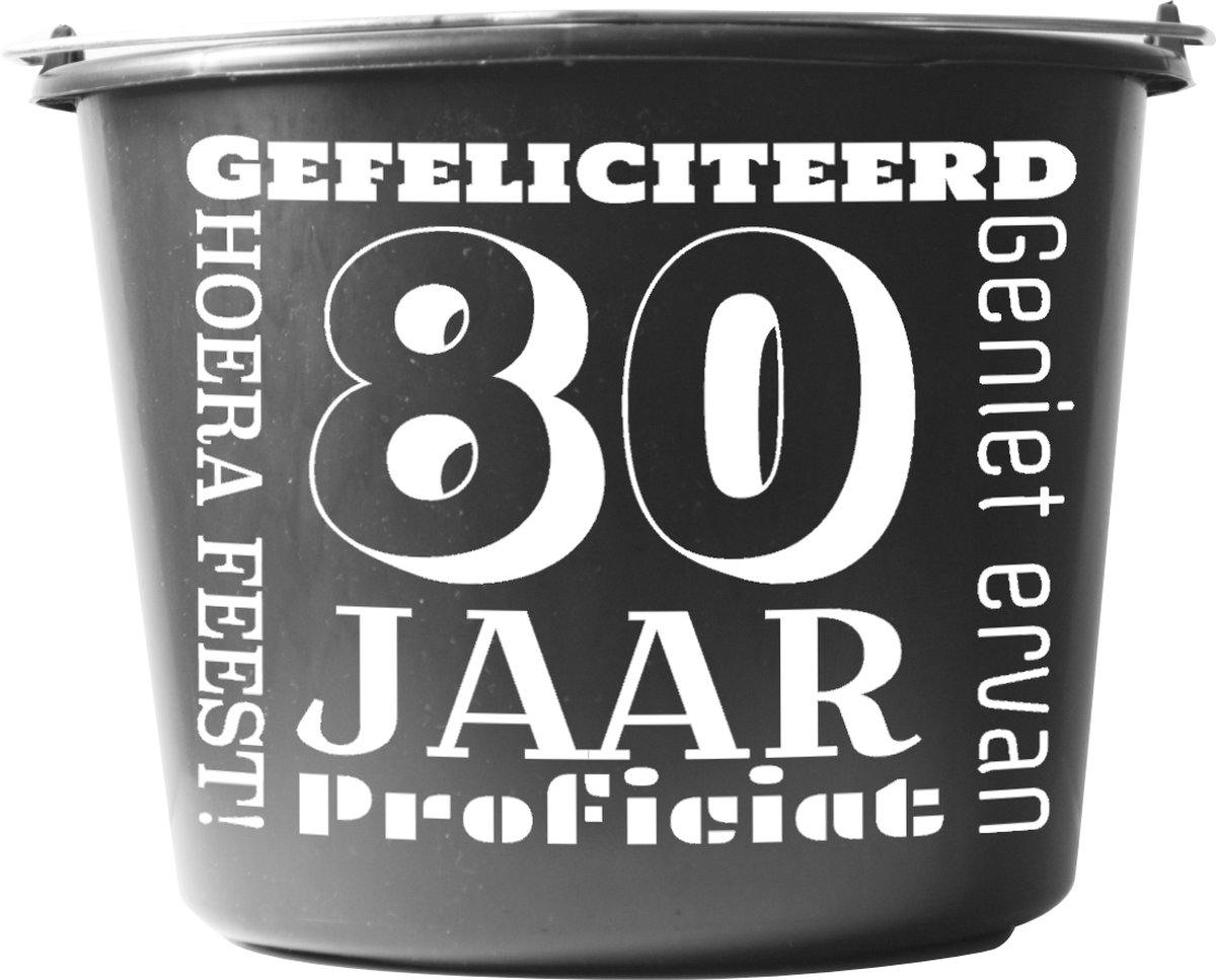 Goedkoopste Emmer – 12 liter – zwart – Cadeau – Verjaardag – met tekst Gefeliciteerd 80 jaar