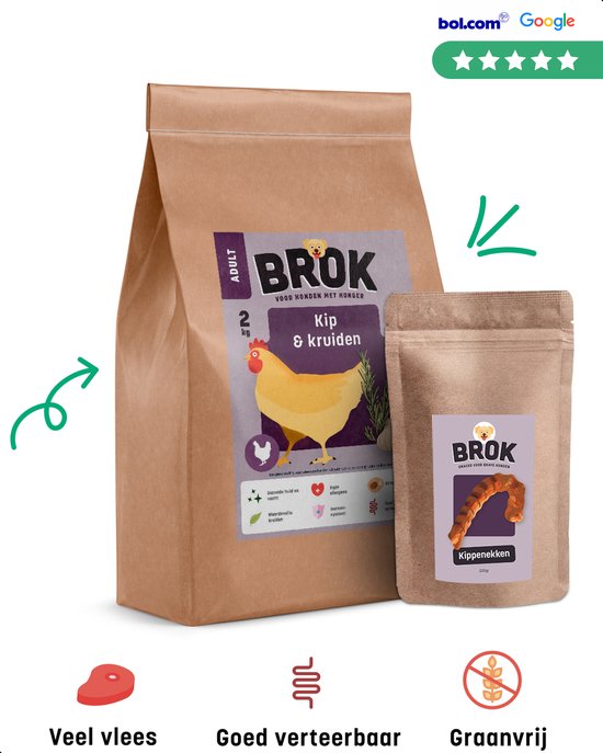 Brok Proefpakket Kip & Kruiden – Graanvrij hondenvoer met veel Vlees – 2kg