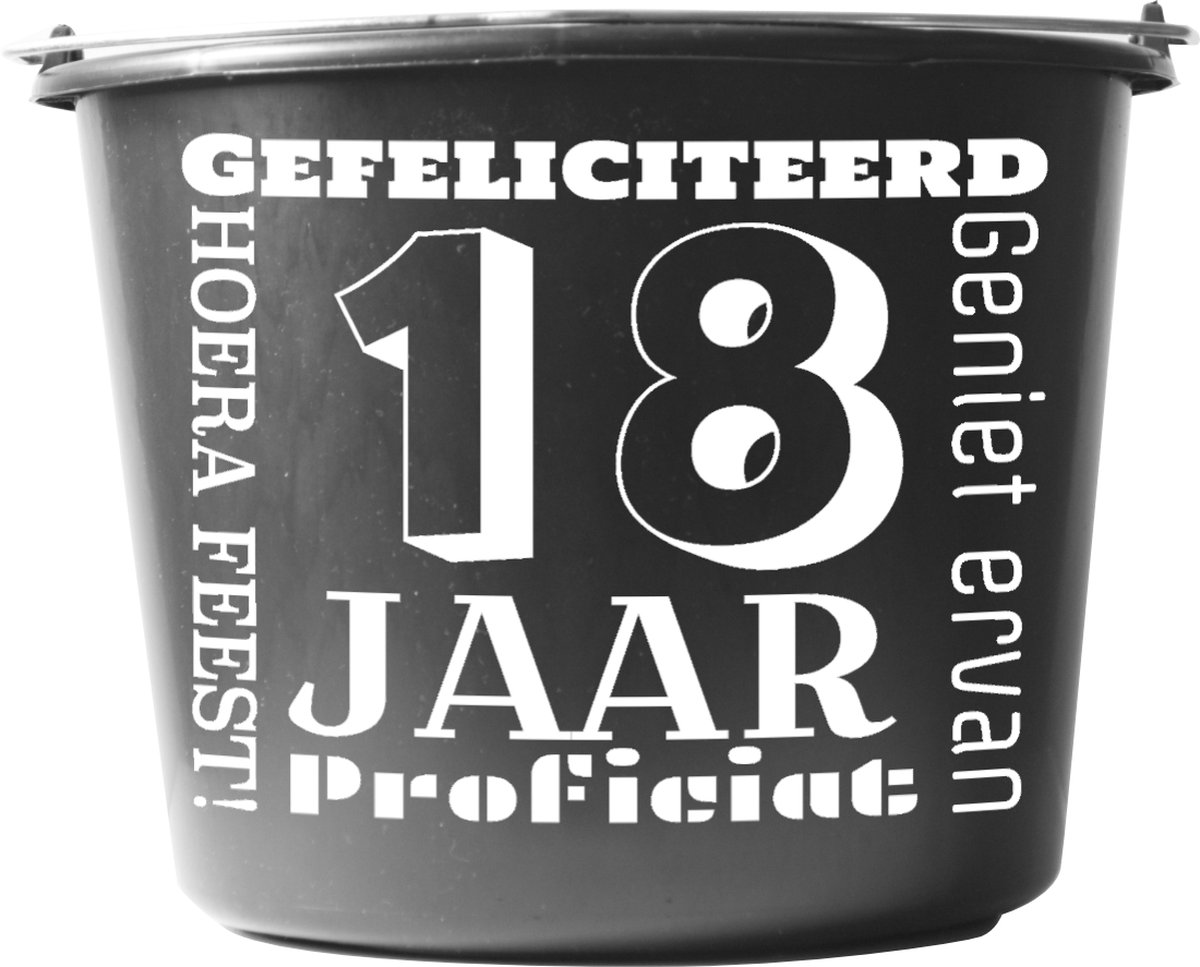 Goedkoopste Emmer – 12 liter – zwart – Cadeau – Verjaardag – met tekst Gefeliciteerd 18 jaar