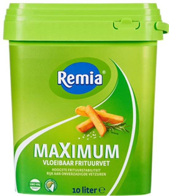 Groene emmer Remia Maximum vloeibaar frituurvet, 10 liter. Met afbeelding van frietjes, zout en rozemarijn.