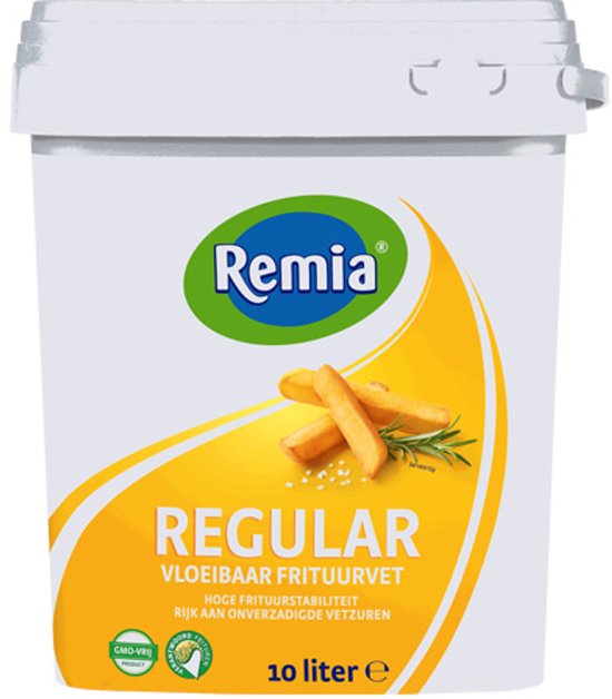 Witte emmer met Remia Regular vloeibaar frituurvet. Afbeelding van frietjes met rozemarijn.