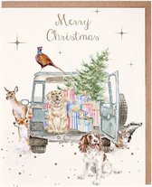 Lot de 8 cartes de Noël Wrendale – Lot de 8 cartes de Noël « Conduire à la Home pour Noël » avec chien et animaux des Woodland