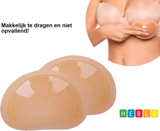 Makkelijk te dragen en niet opvallend! Twee beige tepelbedekkers, de één wordt door een vrouw met een beige beha gedragen. HEBLE logo.