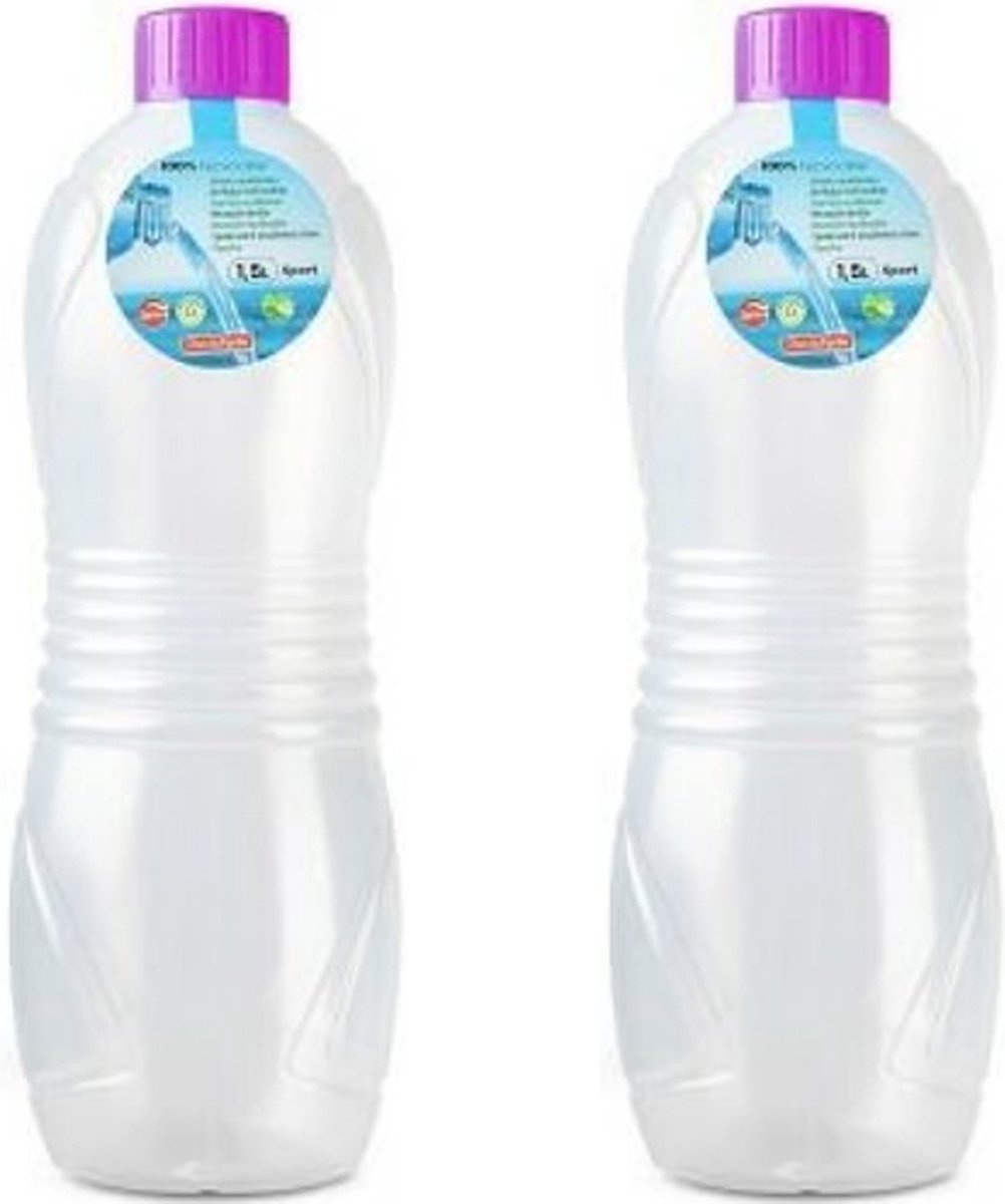 Plasticforte Drinkfles/waterfles/bidon - 2x stuks - 1500 ml - transparant/roze - kunststof