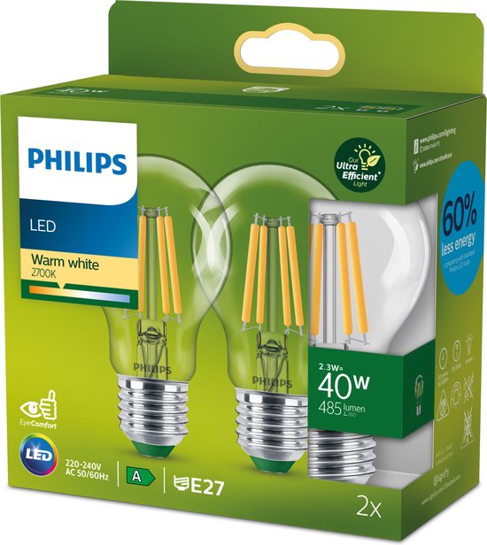 Philips Ultra Efficient LED lamp Transparant - 40 W - E27 - Warmwit licht - 2-pack