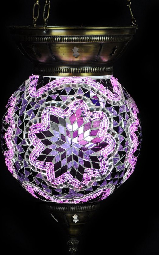 Plafonnier oriental avec boule de verre de 25 cm. Lampe suspendue turque, lampe en mosaïque violette faite à la main