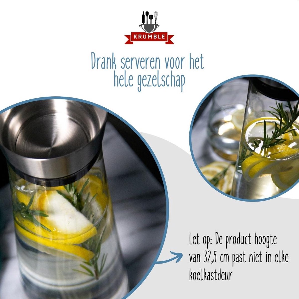 Krumble Karaf van glas - 1000ml - 1 liter - 33 x 9,5 cm (dxh) - Glazen waterfles - Waterkan met deksel - RVS - Tafel water — cadeau in Koken & Dineren - foto 7
