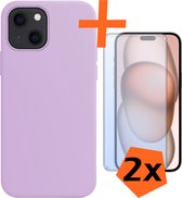 Hoesje Geschikt voor iPhone 15 Hoesje Siliconen Cover Case Met 2x Screenprotector - Hoes Geschikt voor iPhone 15 Hoes Back Case - Lila