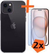 Coque en Siliconen iPhone 15 avec 2x protecteurs d'écran - Coque en Siliconen pour iPhone 15 avec 2x verre de protection - Transparent