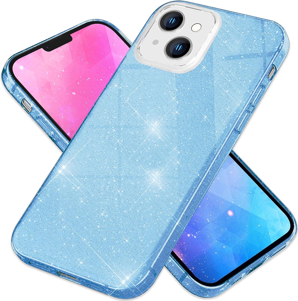 Casemania Hoesje Geschikt voor Apple iPhone 15 Plus - Blauw - Glitter Back Cover