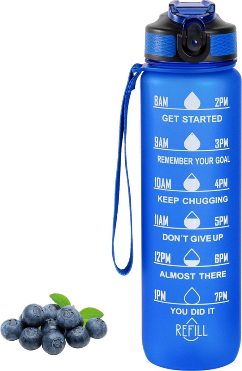 Flow Goods Motivatie Waterfles - Blauw – Drinkfles met Rietje – Waterfles 1 Liter – Waterfles met Tijdmarkeringen