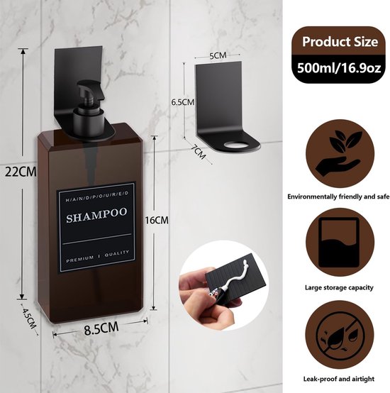 Distributeur de savon mural sans perçage, Set de 3, 500 ml, distributeur de shampoing pour cuisine et vaisselle, distributeur à pompe de salle de bain avec supports muraux en acier inoxydable, étanche