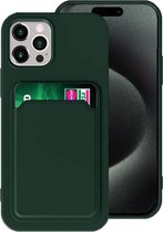 Geschikt voor iPhone 15 Pro Max Pasjes houder Hoesje Case + Screenprotector – Gehard Glas Cover - Portemonnee Hoesje Cover - Groen