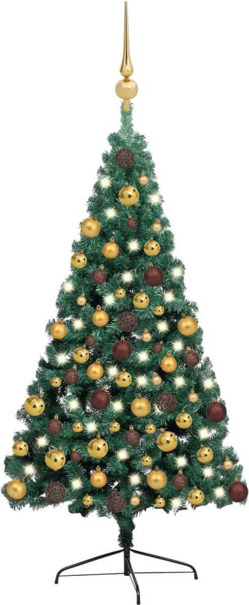 The Living Store Kunstkerstboom Halfrond - 110 cm x 55 cm - PVC - Staal - Groen - 150 LEDs - Incl - LED-lichtslinger - Piekmateriaal- Kerstballen - Goud - brons - USB-aansluiting
