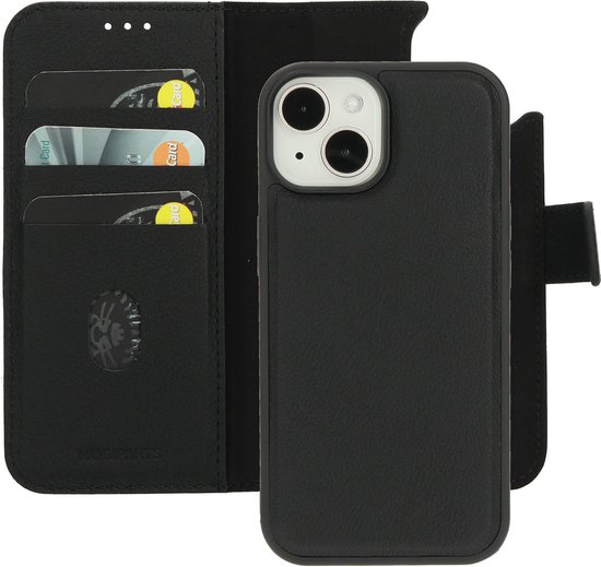 Mobiparts hoesje geschikt voor Apple iPhone 15 - Wallet 2-in-1 Boekhoesje - MagSafe - Echt Leder - Uitneembare Case - Sterke Magneet Sluiting - Contactloos betalen - Zwart