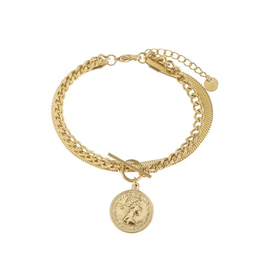 The Jewellery Club - Double coin bracelet gold - Armband - Dames armband - Stainless steel - Goud - 17 cm